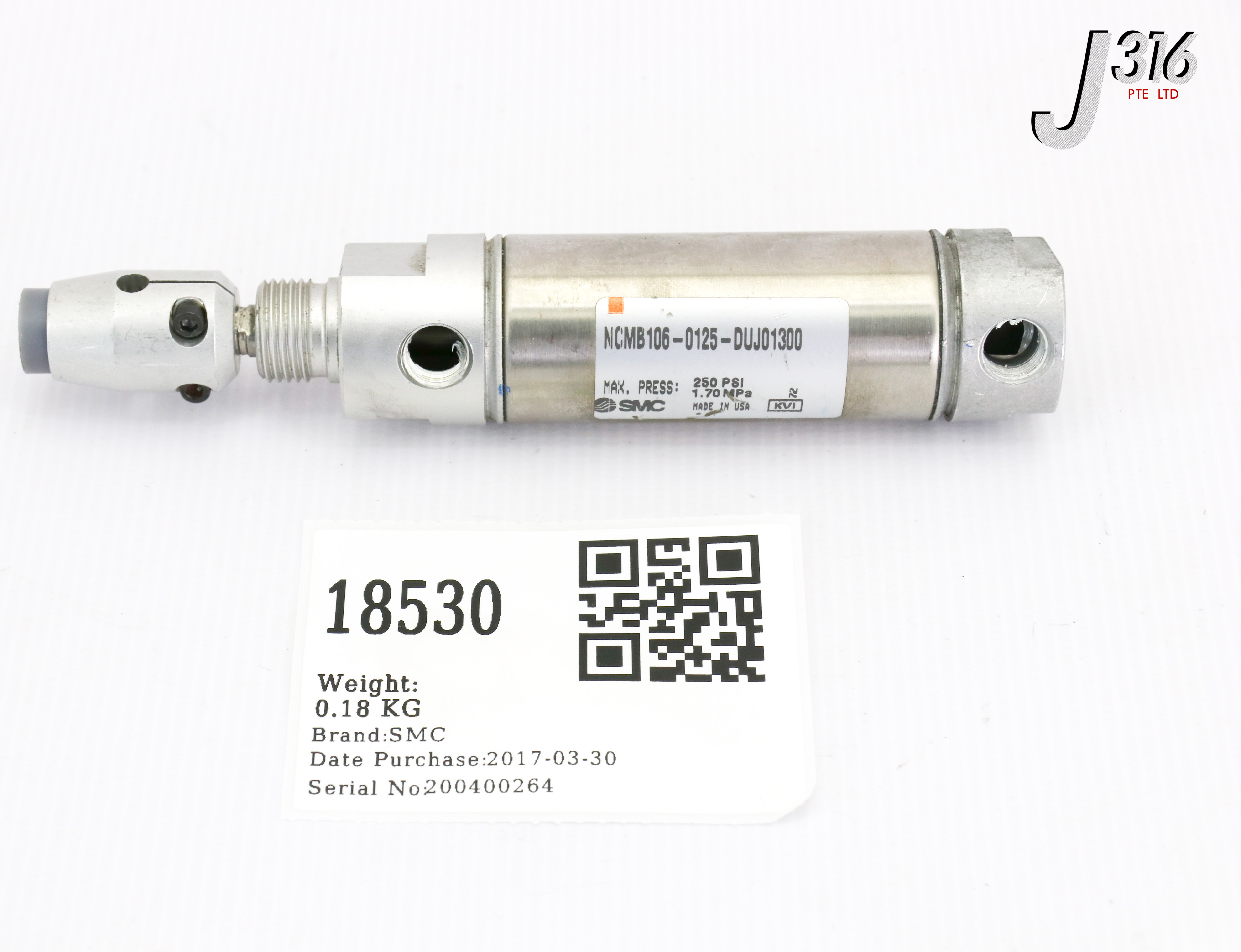 18530 SMC PNEUMATIC CYLINDER, MAX PRESS: 250PSI, 1.7MPA NCMB106
